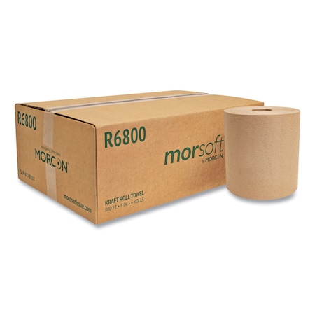 Morcon Hardwound Paper Towel, 1 Ply, Continuous Roll Sheets, 800 ft, Brown, 6 PK MOR R6800